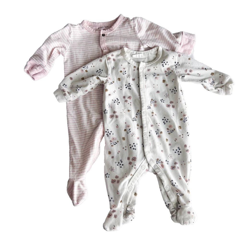Firsts By Petit Lem Baby Pink and Floral Snap Button Sleeper 2 Pack Size 0M/3M